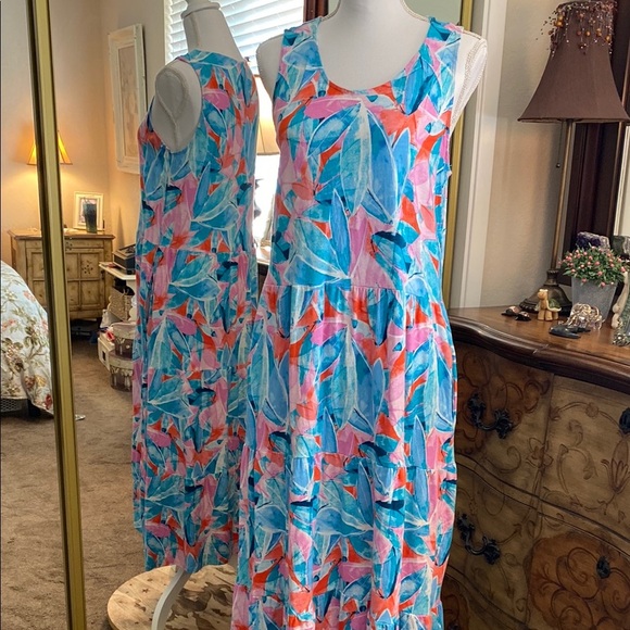 D&Co Beach Blue and Pink Sleeveless Sundress with Scoop Neck - Picture 1 of 13